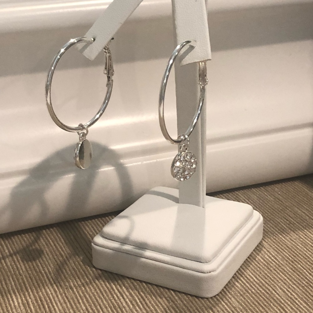 Silver Tone Hoop Earrings w/ Crystal Coin - Picture 2 of 4
